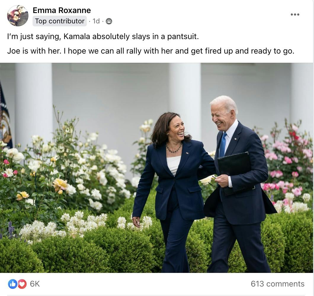 pantsuit nation facebook post cheering on kamala harris