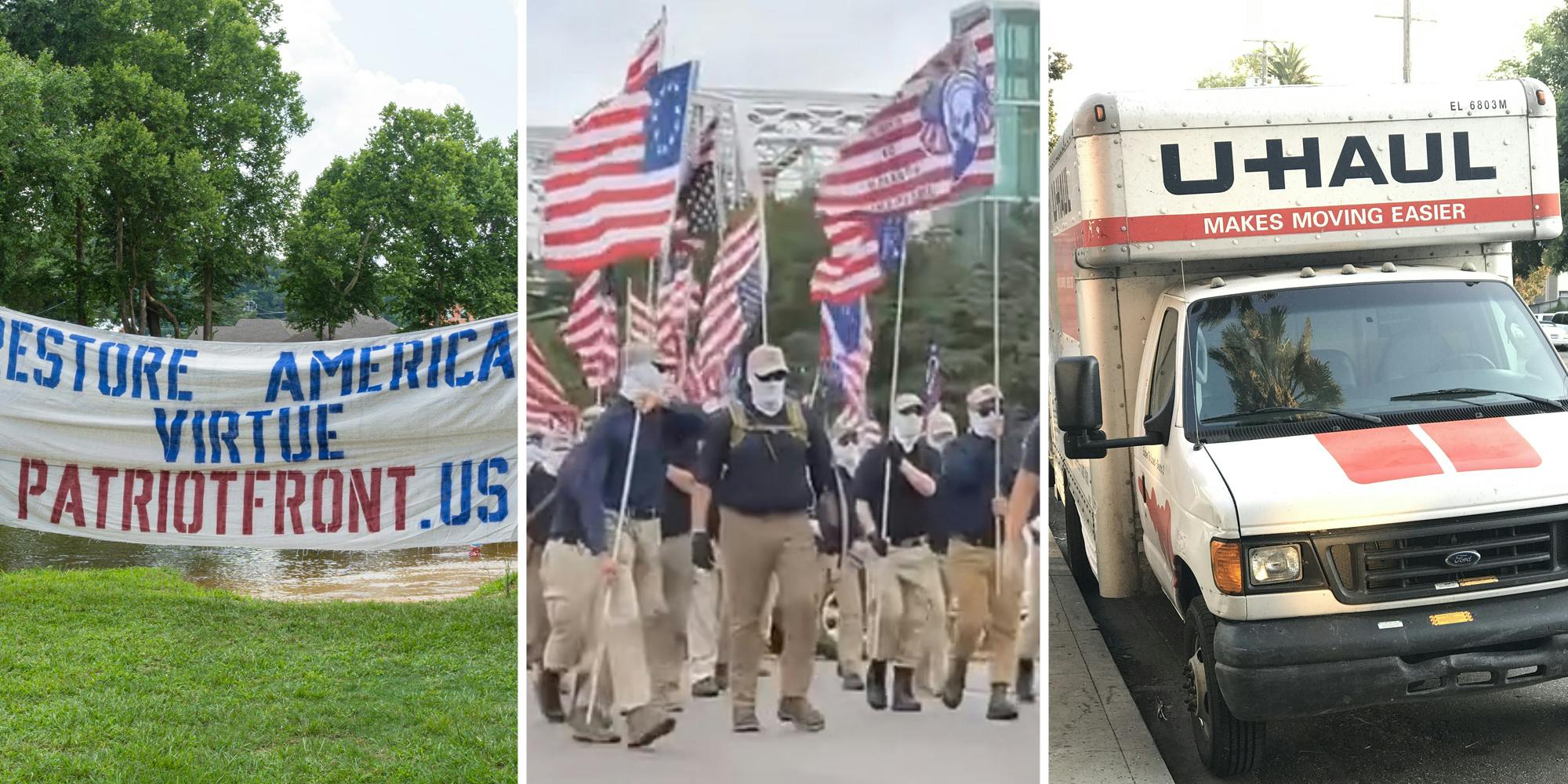 Patriot Front flag(l), white supremacists with flags(c), Uhaul(r)