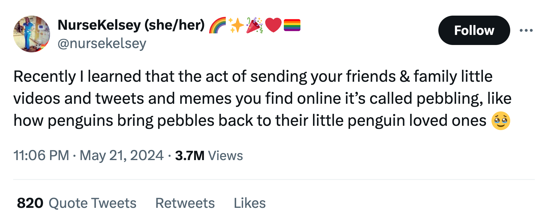 Screenshot of a tweet. Text reads, 'Recently I learned that the act of sending your friends & family little videos and tweets and memes you find online it’s called pebbling, like how penguins bring pebbles back to their little penguin loved ones'