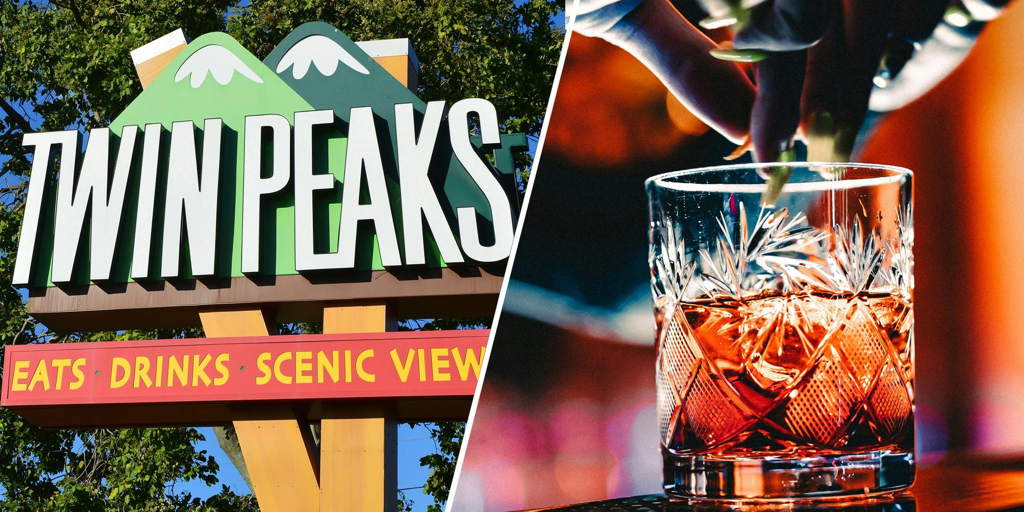 Twin Peaks sign(l), Hand making drink(r)