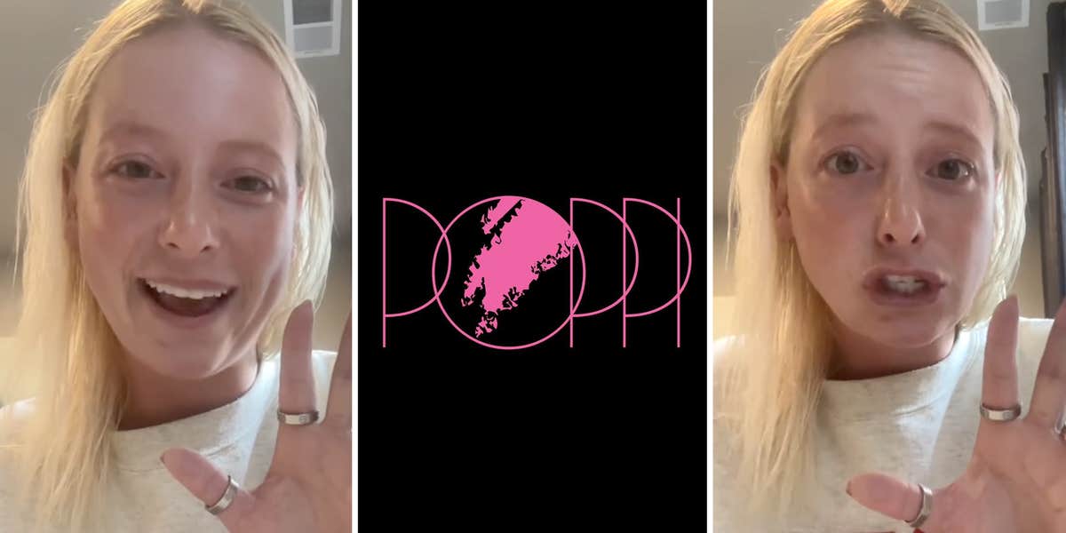 Woman talking(l+r), Poppi Cosmetic logo(c)