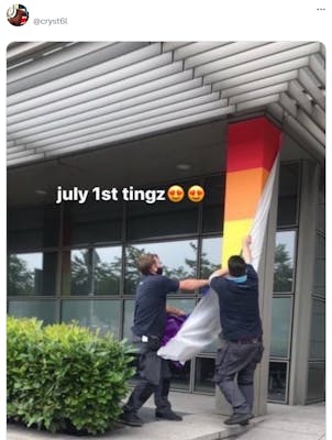 pride month is over meme reading 'july 1st tingz' with two men ripping a pride flag off of a building
