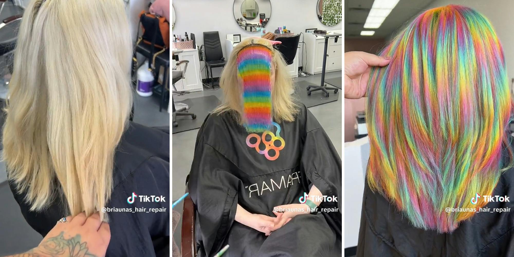 woman in hairdresser's chair (l) woman with hair dye (c) finished prism hair (r)