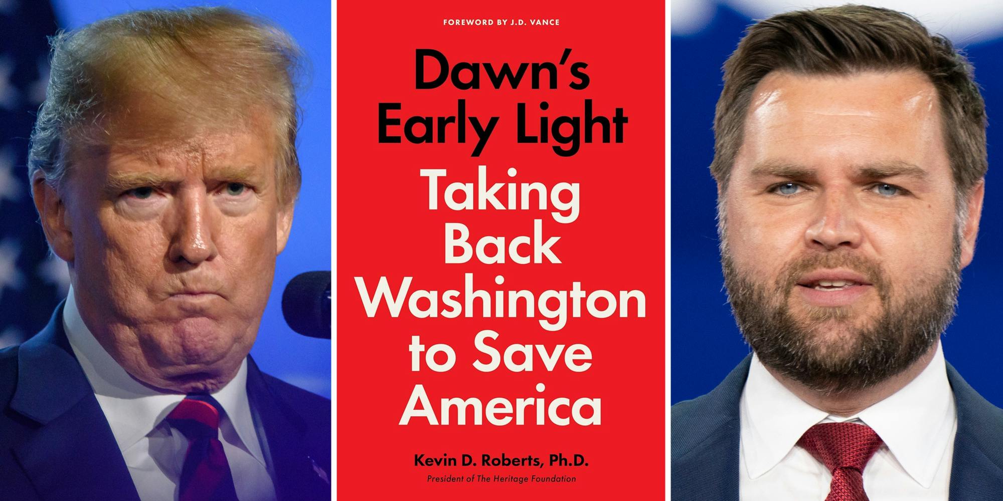 Donald trump(L), Taking Back Washington to Save America book(c), JD Vance(r)