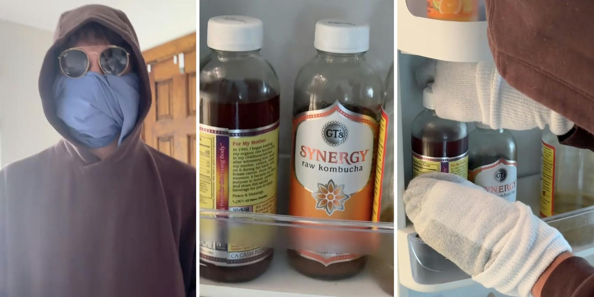 Person covered up(L), Kombucha on shelf(c), Covered hands grabbing kombucha(r)