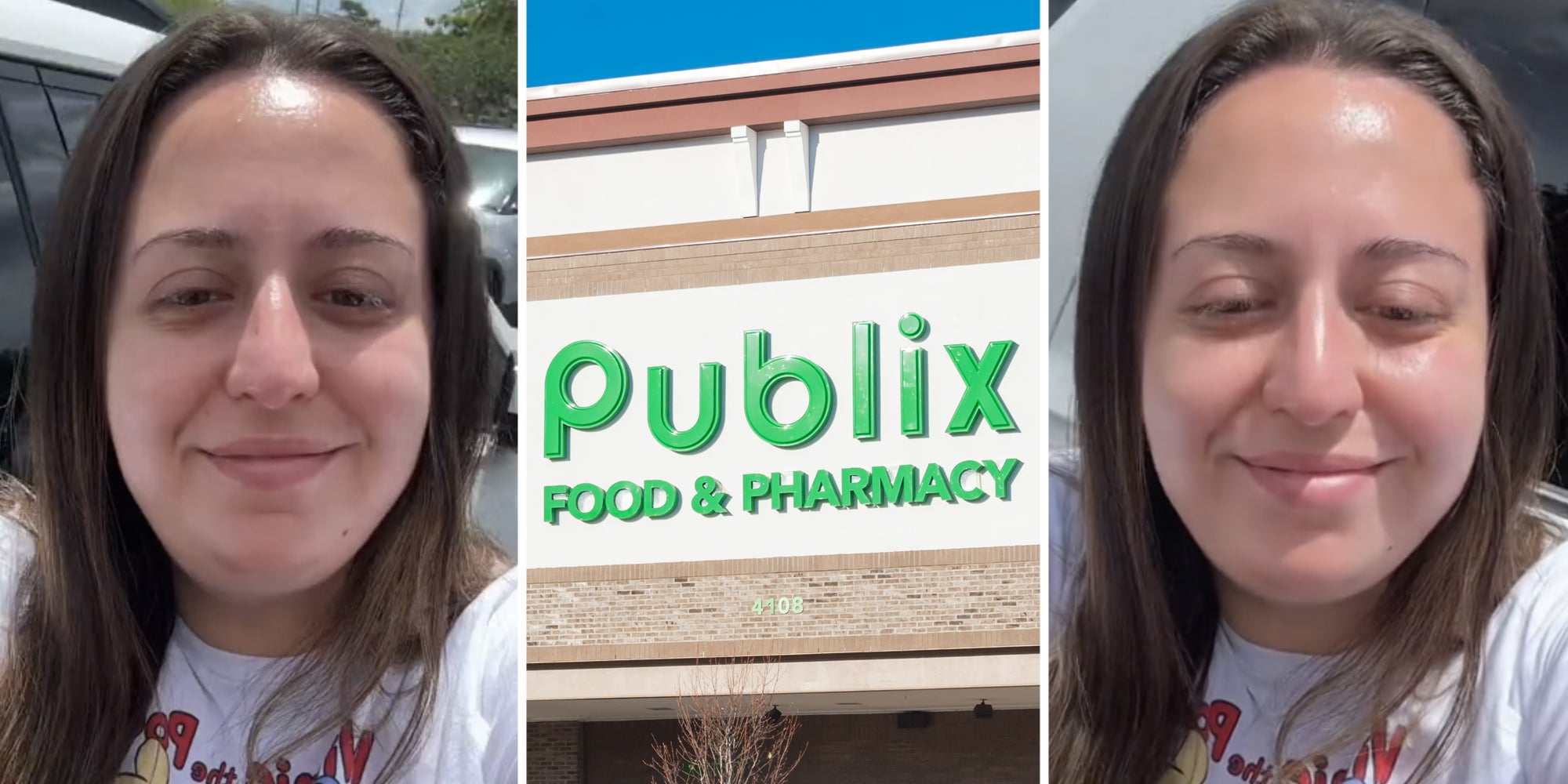 Woman smiling(l+r), Publix storefront(c)
