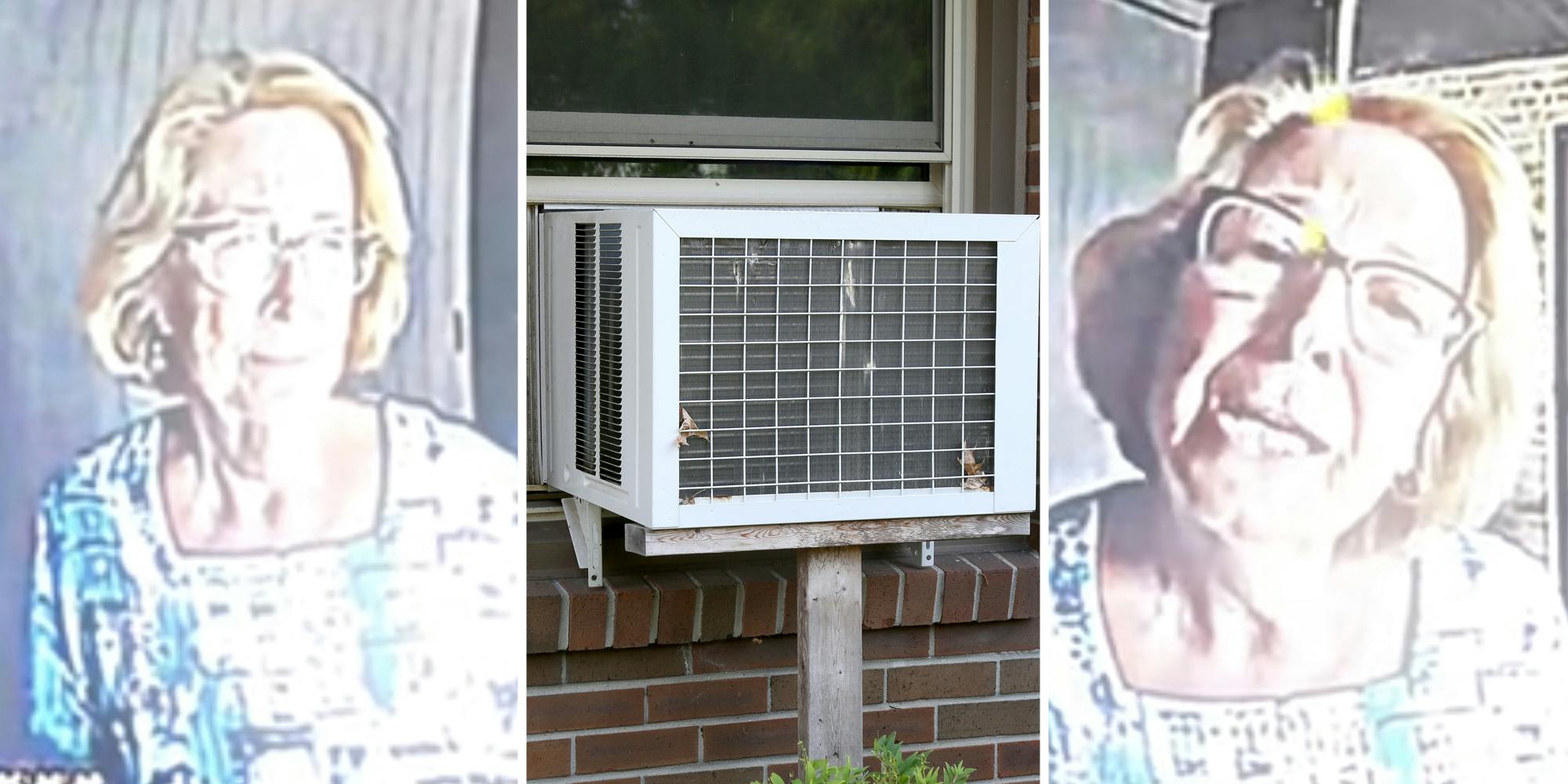 Racist woman(l+r), Air Conditioning unit in window(c)
