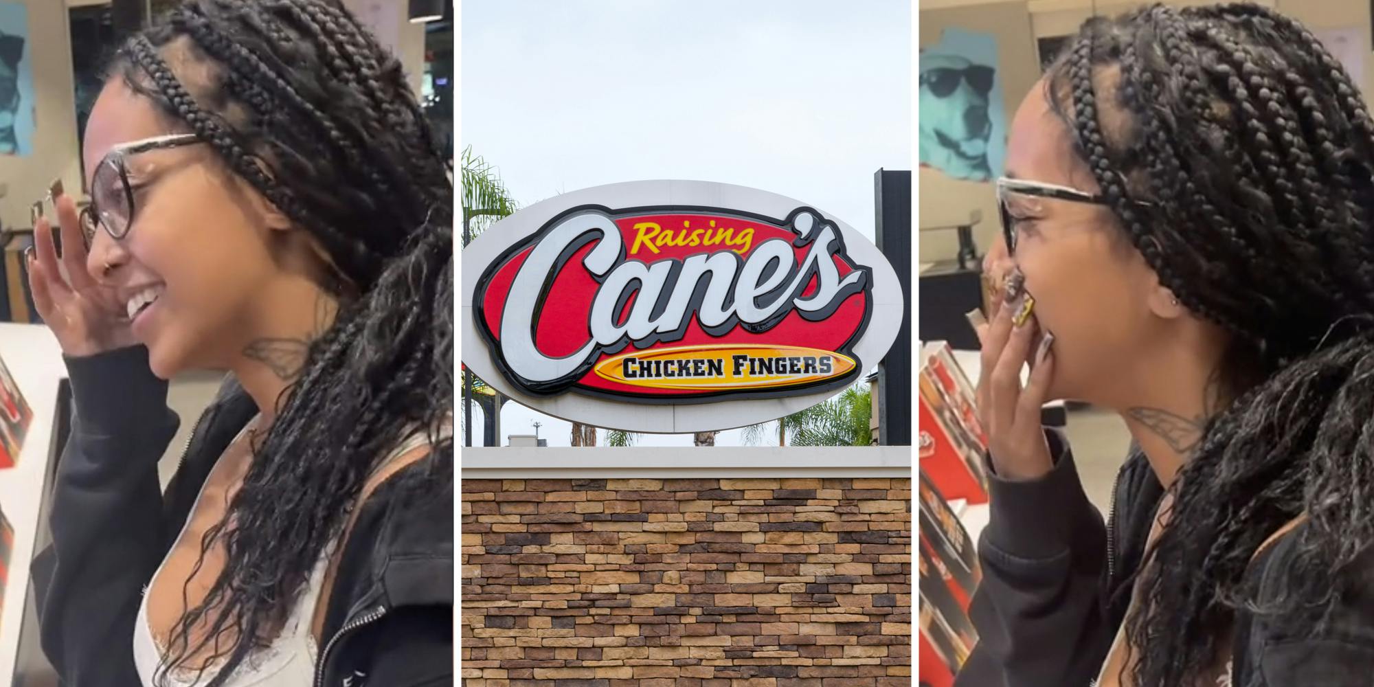 Woman laughing(l+r), Raising Cane's sign(c)