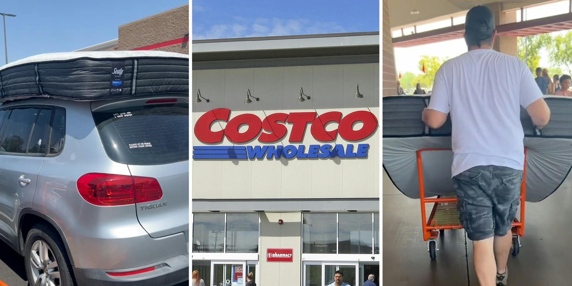 Mattress on car(l), Costco(c), Man pushing mattress on cart(r)