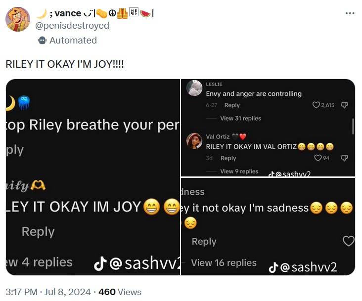 Tweet with screenshots of Riley it ok I'm Joy comments.