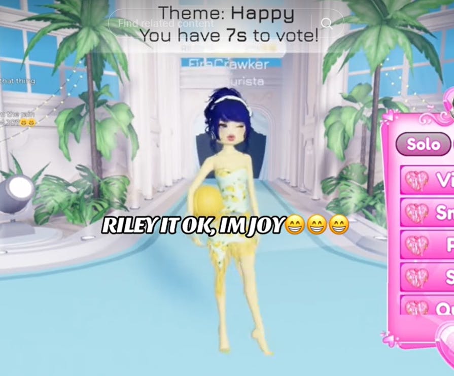 Riley it ok I'm Joy meme with a character from a Bratz game dressed up as Joy.