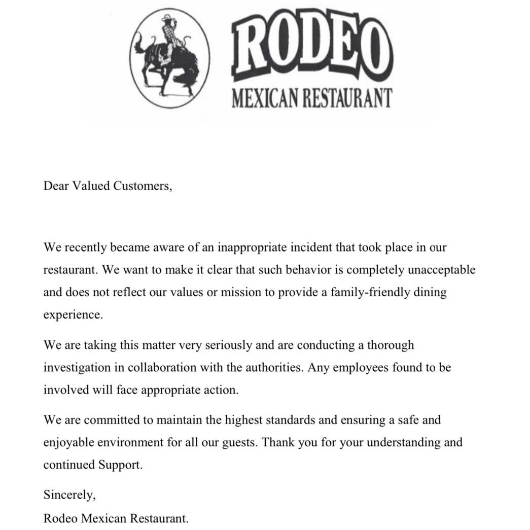 Statement from the Rodeo restaurant in black and white about the couple who engaged in NSFW behavior at their restaurant.