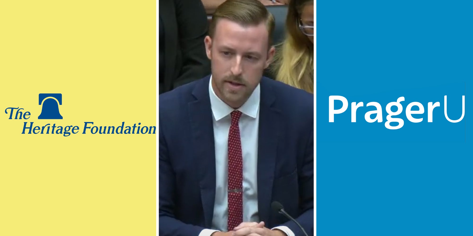 The Heritage Foundation logo(l), Ryan Walters(c), Prager U logo(r)