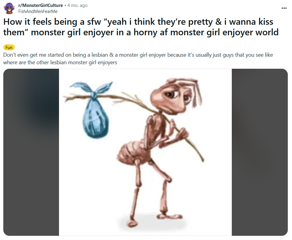 Sad ant with bindle meme about being a 'monster girl enjoyer.'