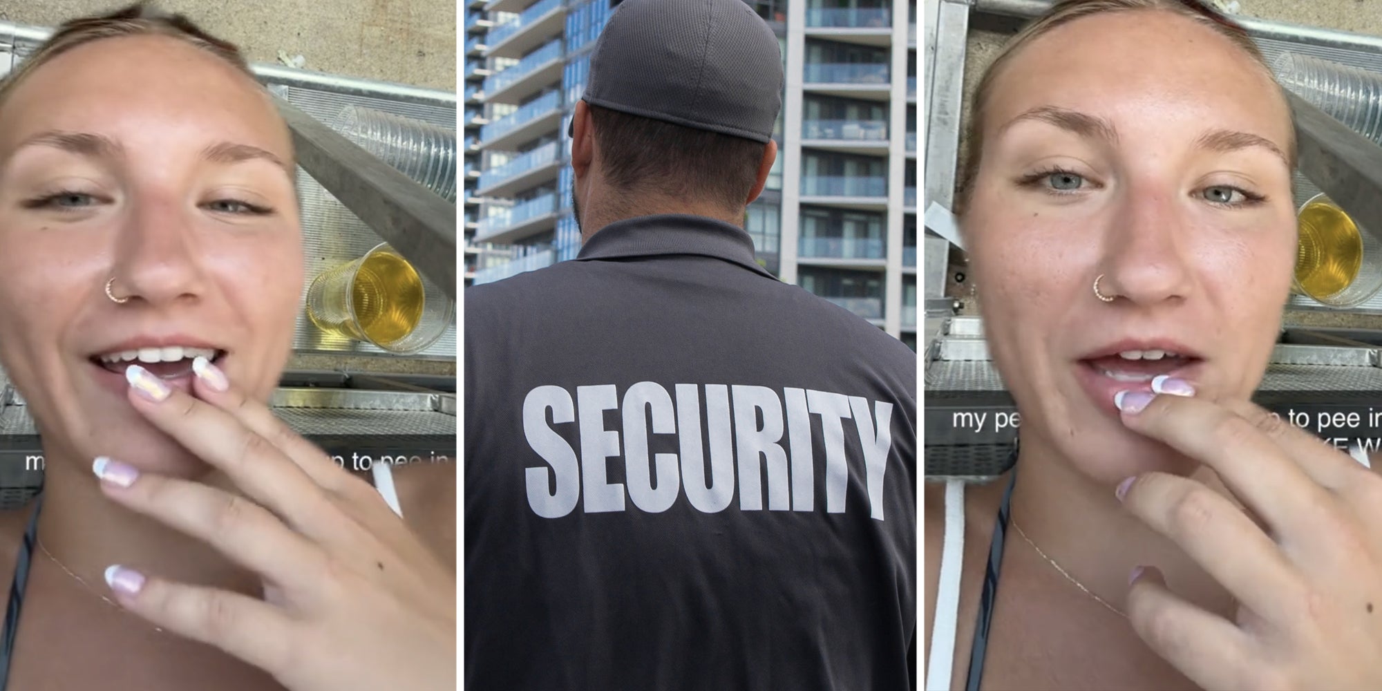 Woman speaking(l+r), Security guard(c)