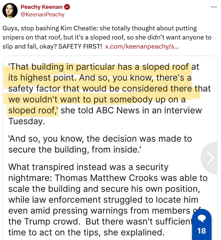 Tweet with a screenshot of the U.S. Secret Service Director Kimberly Cheatle talking about the sloped roof.