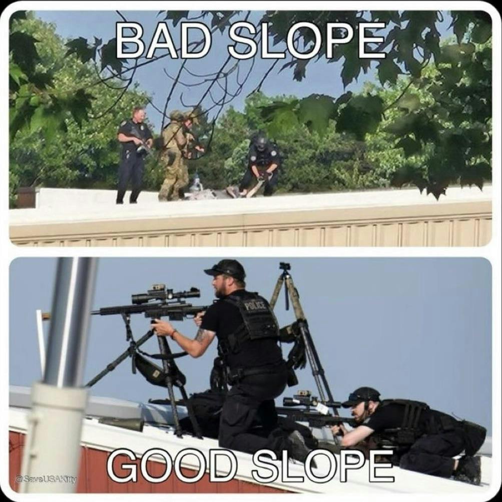 Sloped roof meme reading 'bad slope, good slope.'