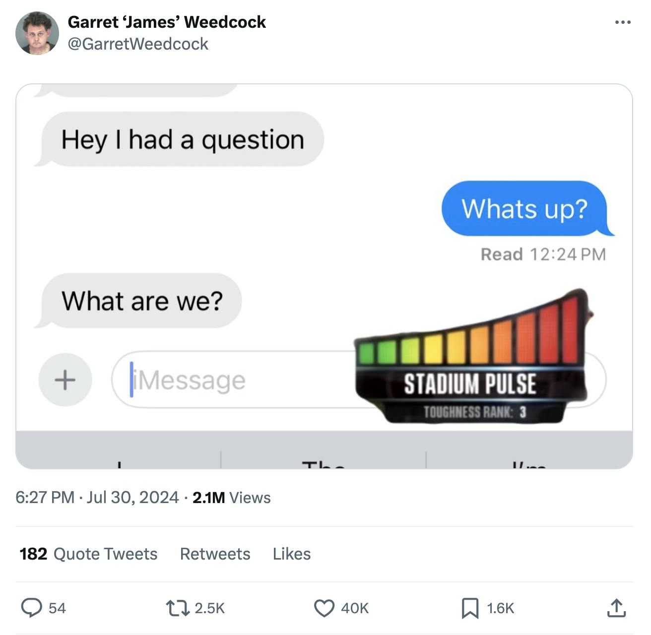 Screenshot of a text conversation asking 'What are we?' with the stadium pulse meter in the bottom right corner.