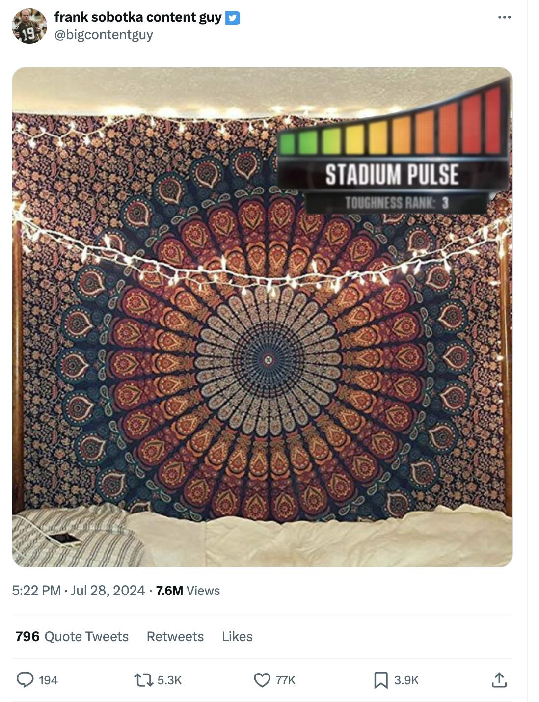 Tweet of a college dorm room tapestry with string lights hanging down in front of it, a stadium pulse meter in the upper right corner.