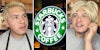 Man talking(l), Starbucks logo(c), Man dressed up(r)