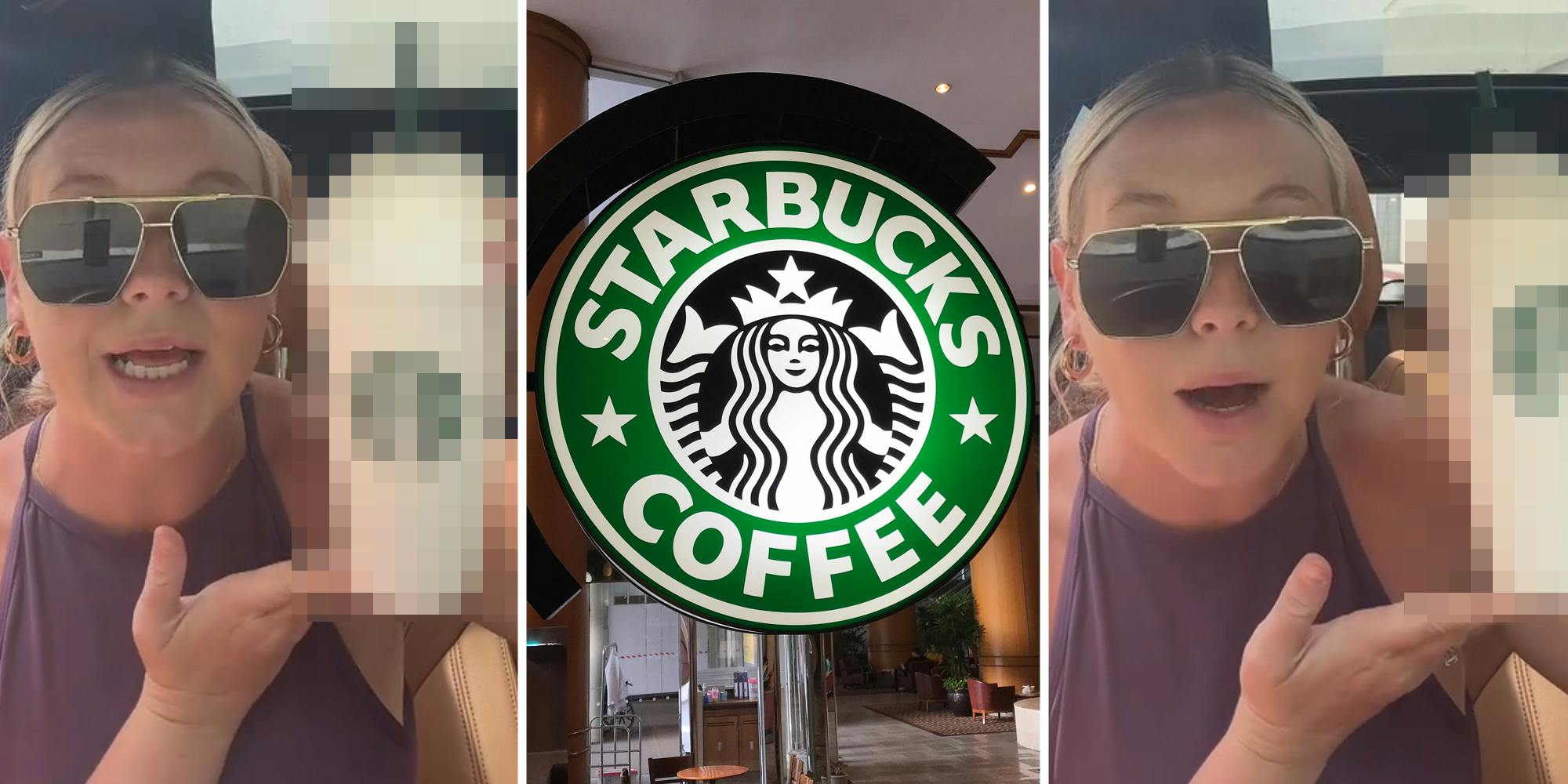 Woman talking holding censored cup(l+r), Starbucks sign(c)