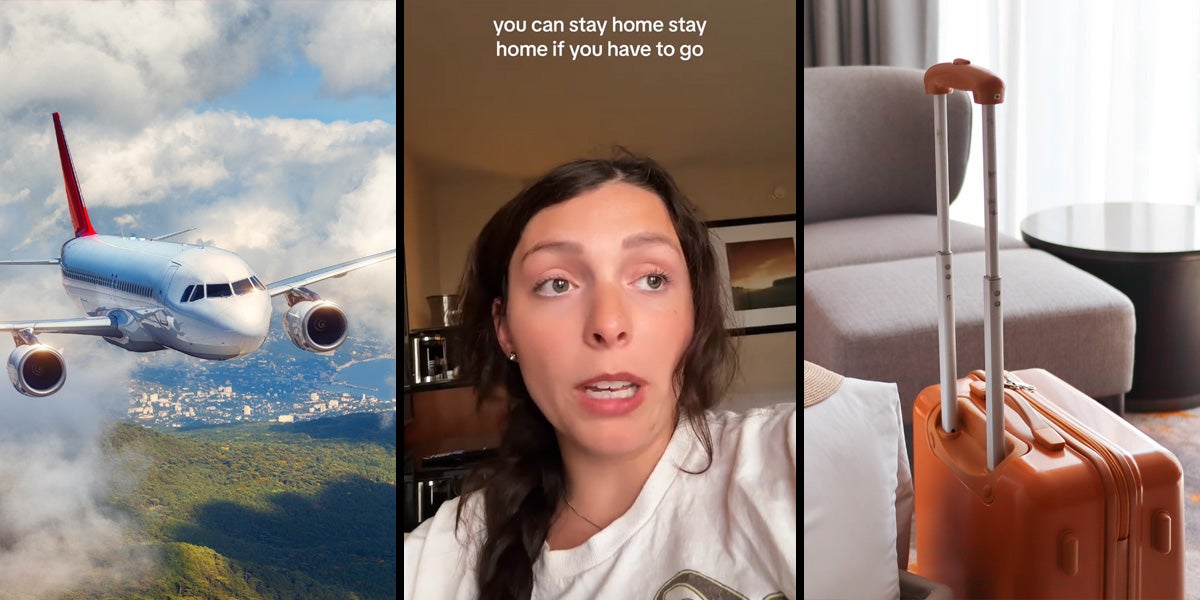 plane in sky (l) woman speaking with caption 'you can stay home stay home if you have to go' (c) luggage in hotel room (r)