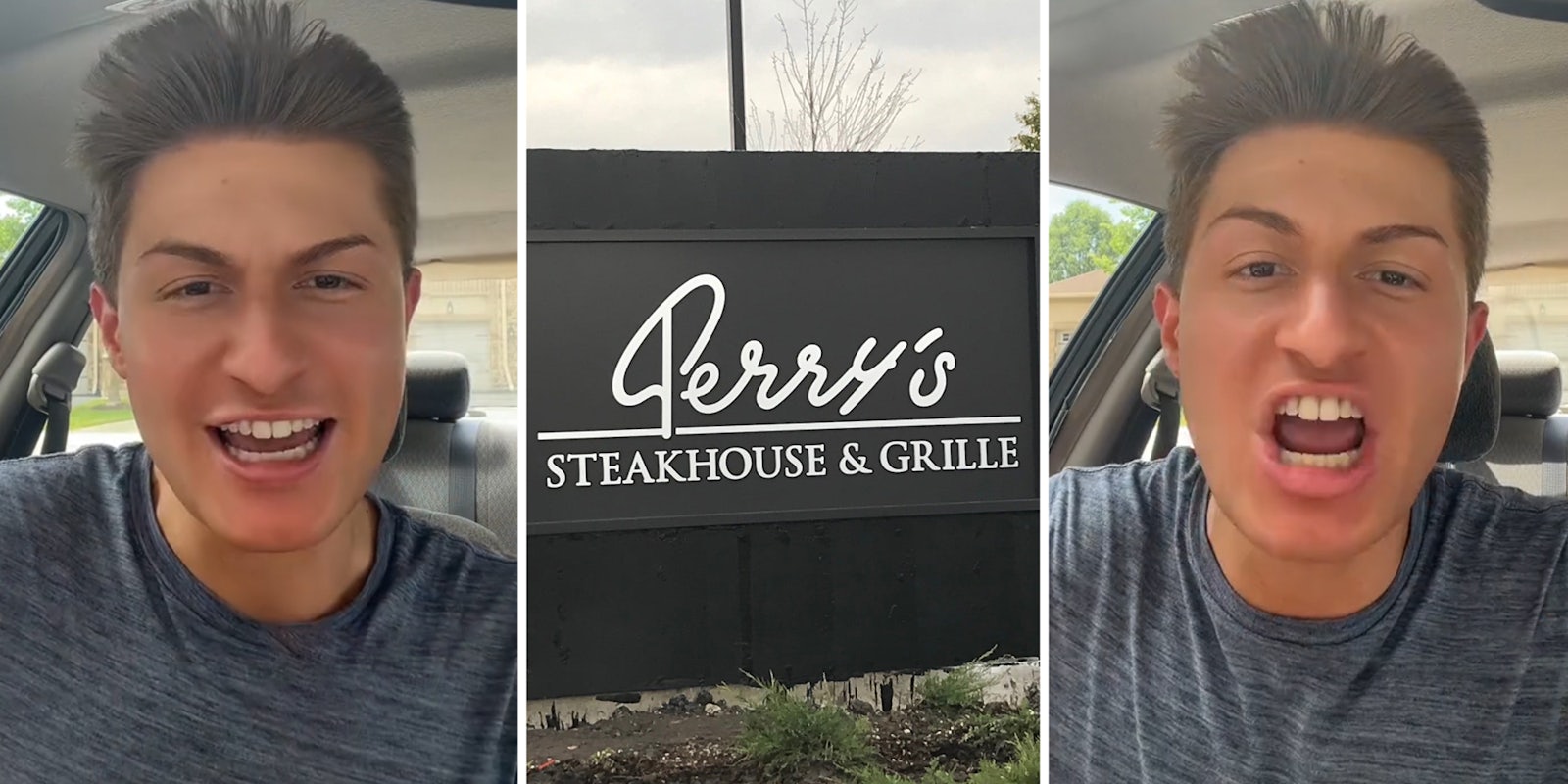 Man screaming(l+r), Perry's Steakhouse sign(c)