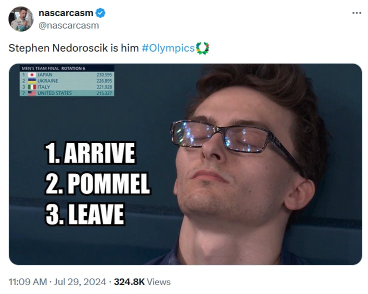 Steve Nedoroscik meme with the sleeping photo altered to read '1. Arrive 2. Pommel 3. Leave.'