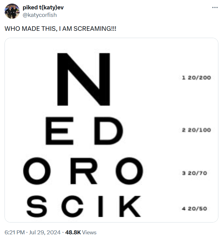 Steve Nedoroscik meme with an eyesight test chart spelling out his last name.