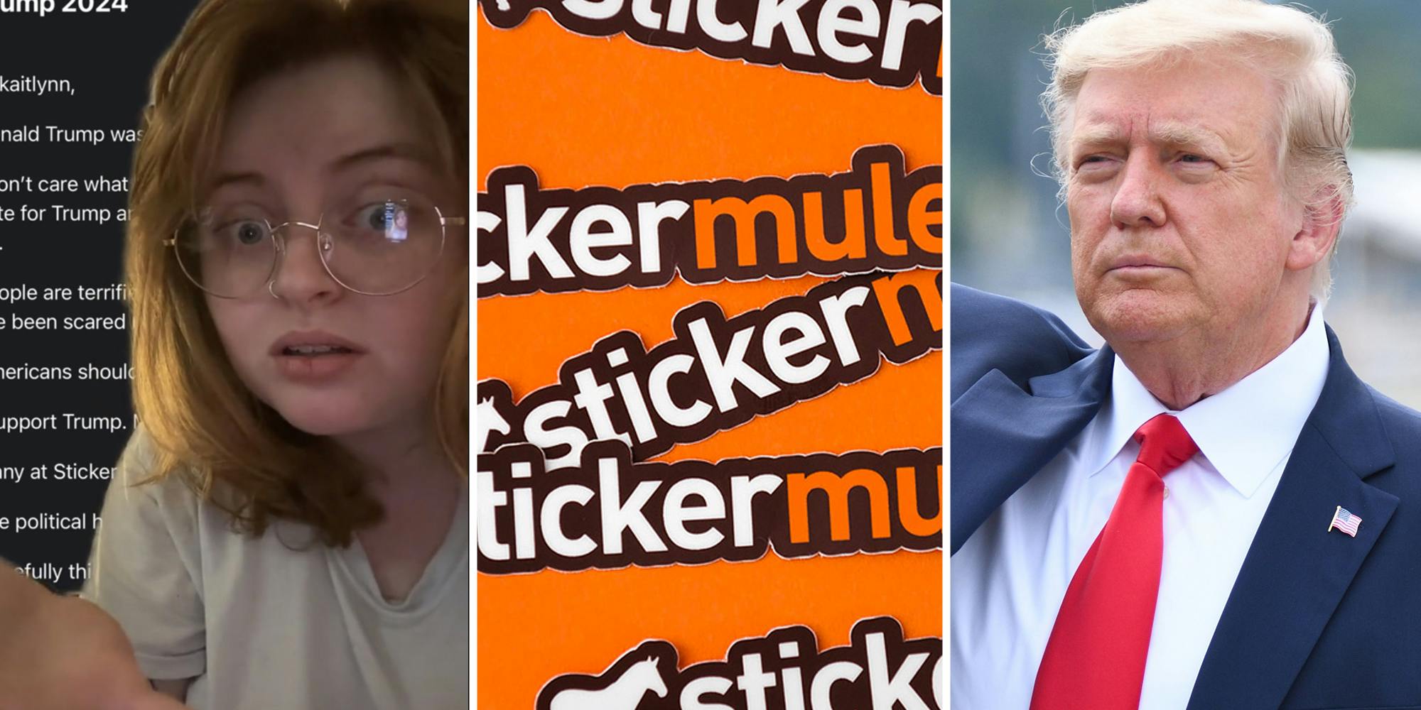 Woman talking(l), Sticker Mule stickers(c), Donald Trump(r)