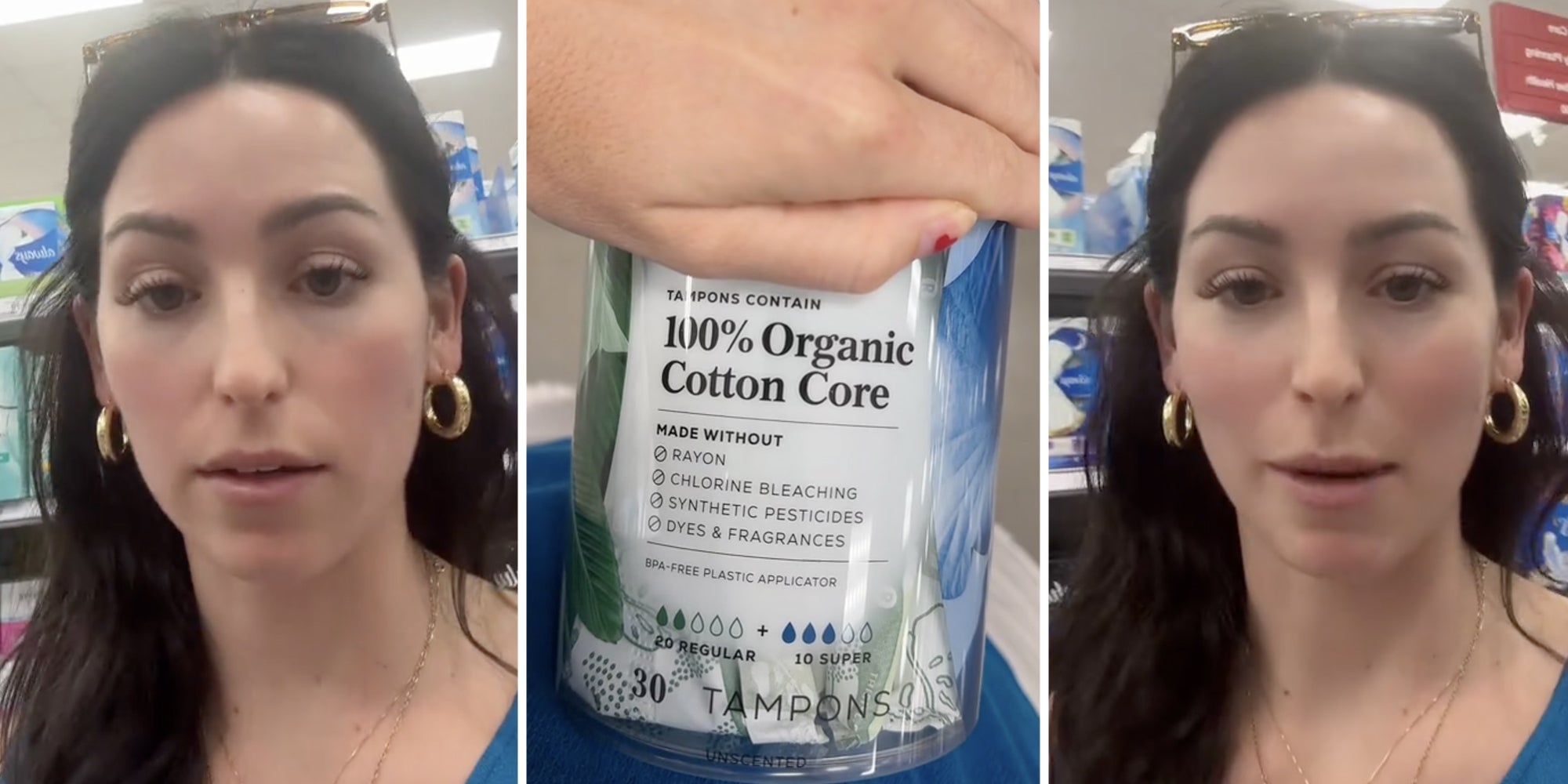 Woman talking(l+r), Organic cotton tampons(c)