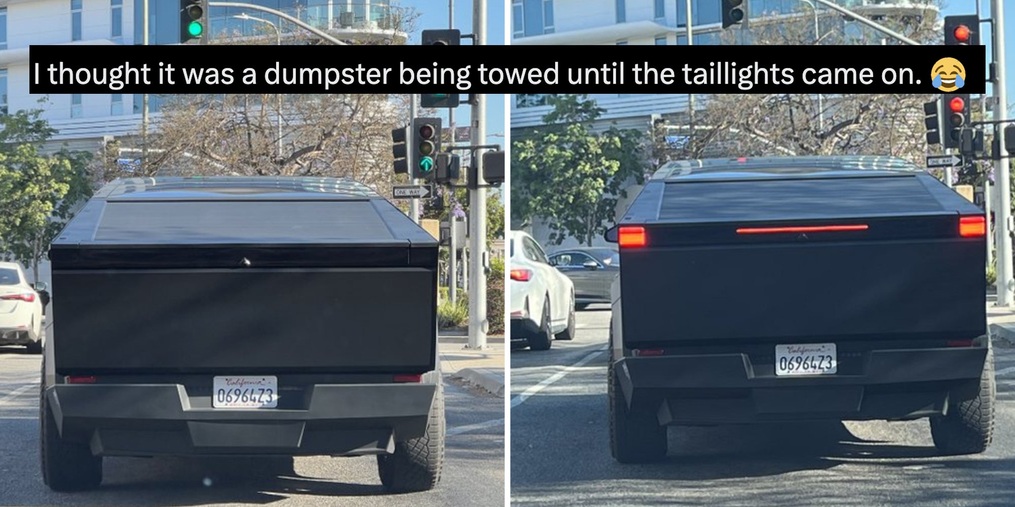 Tesla cybertruck two split with text that says 'i thought it was a dumpster being towed until the taillights came on.'