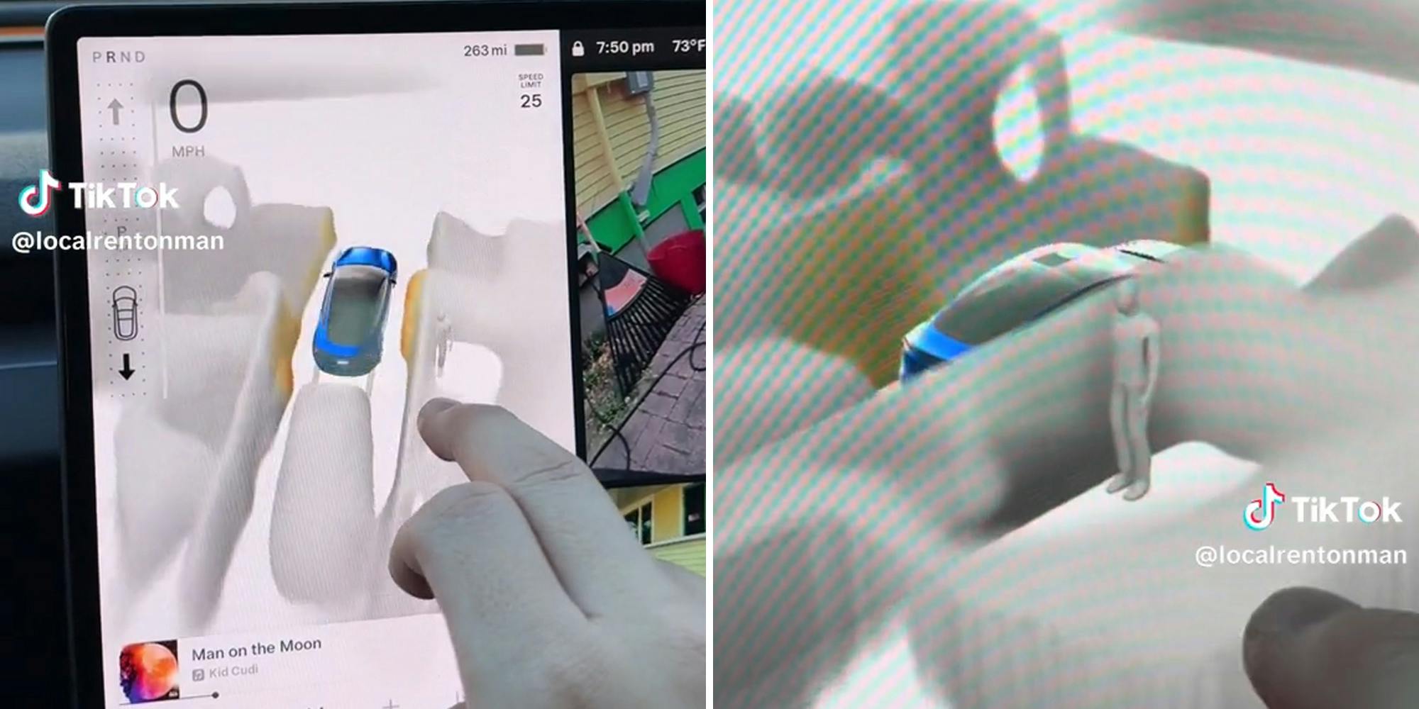 person using tesla touch screen (l) figure detected near vehicle (r)