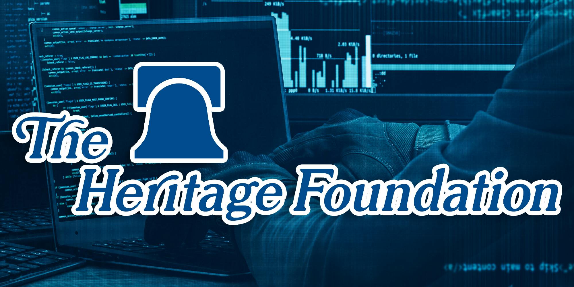 The Heritage Foundation logo over hacker image