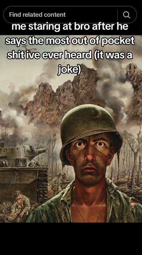 thousand yard stare meme that reads 'me staring at bro after he says the most out of pocket shit ive ever heard (it was a joke)'