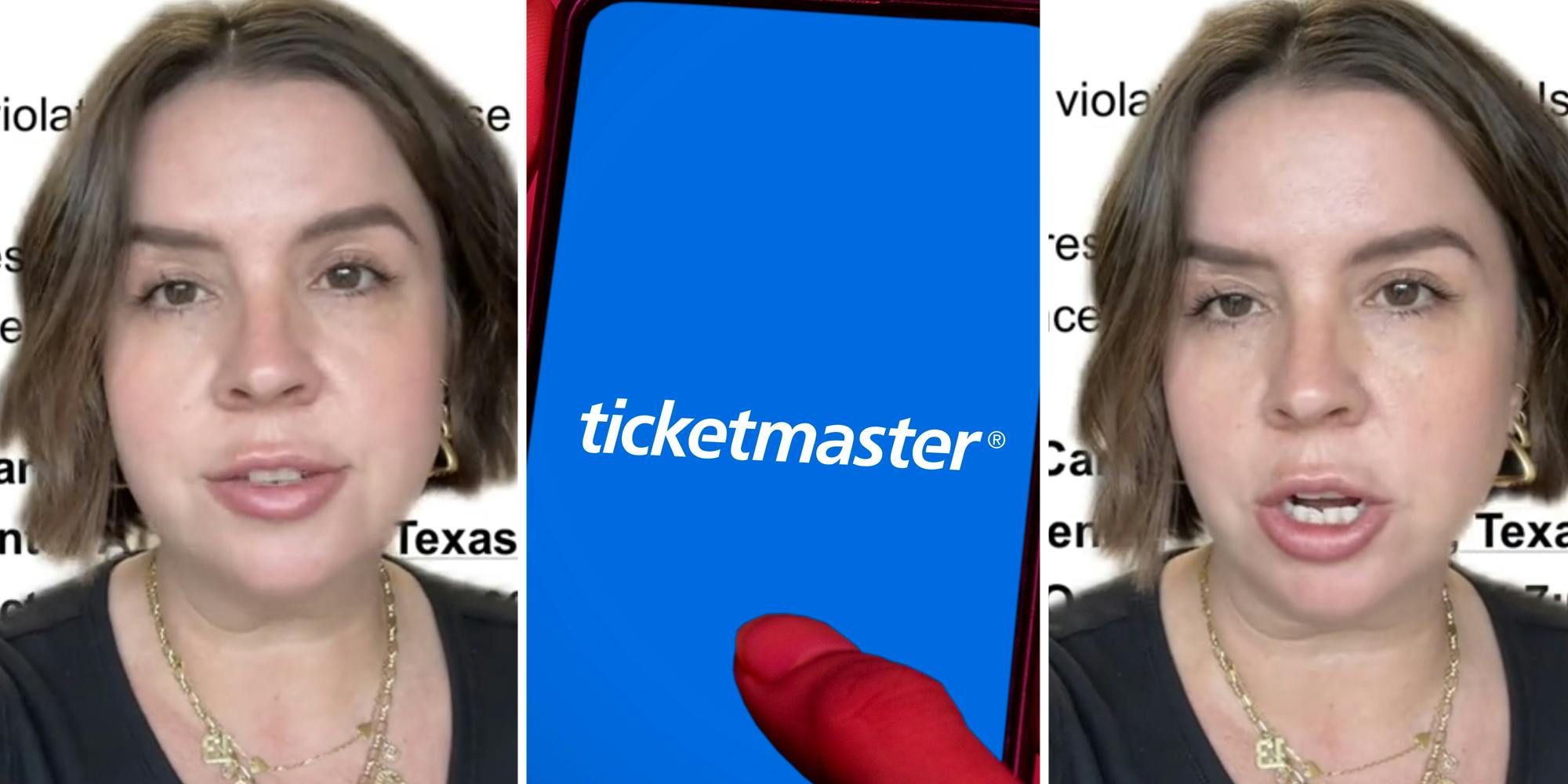 Woman talking(l+r), Hand holding phone with ticketmaster app(c)