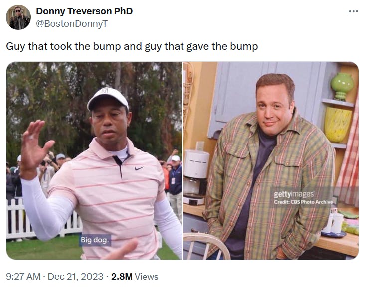 Tiger Woods big dog meme next to the Kevin James Getty Images smirking meme.