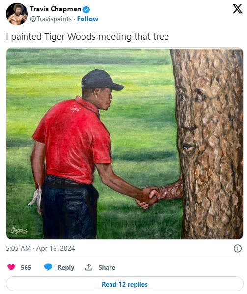 man paints Tiger Woods shaking hands with a tree meme