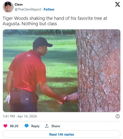 Tiger woods tree meme in a tweet that reads 'Tiger Woods shaking the hand of his favorite tree at Augusta. Nothing but class'