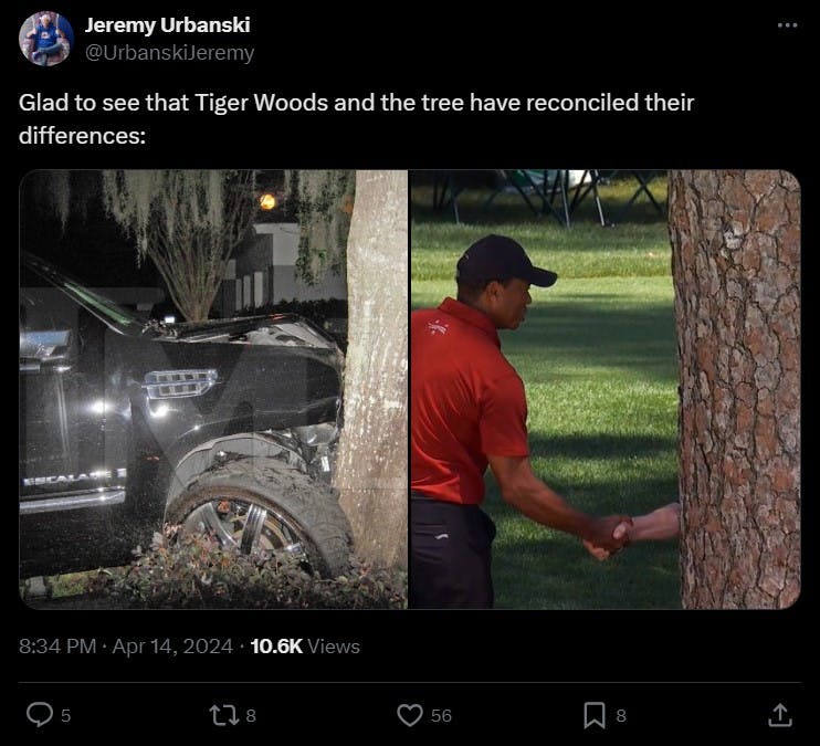 Tiger Woods tree crash (L), Tiger Woods shaking hands with three meme (R)