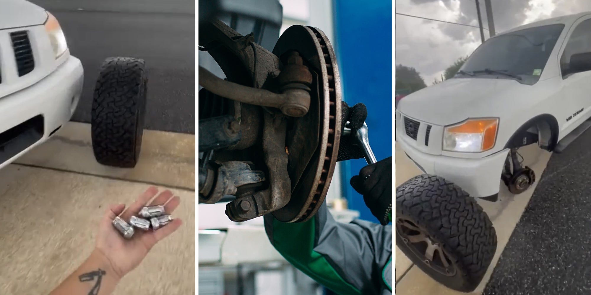 Tire by car with hand holding nuts and bolts(l), Mechanic fixing wheel(c), Car with missing tire(r)