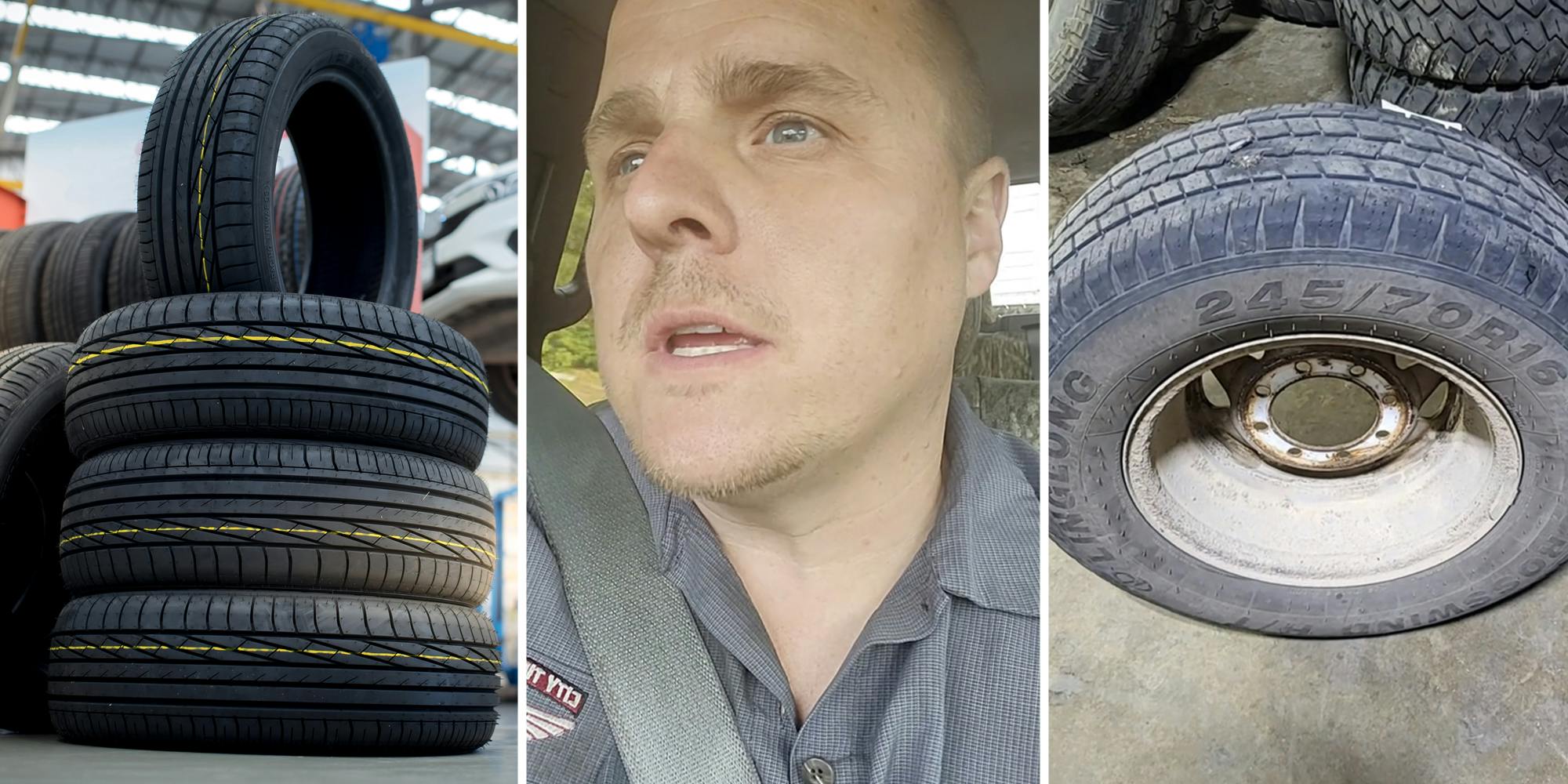 Stack of tires(l), Man talking(c), Flat tire(r)