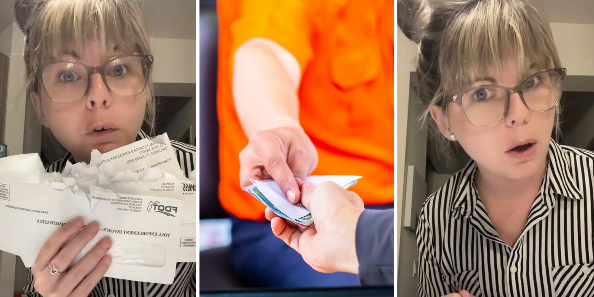 Woman holding envelopes(l), Toll worker and hand passing money(c), Woman talking(r)