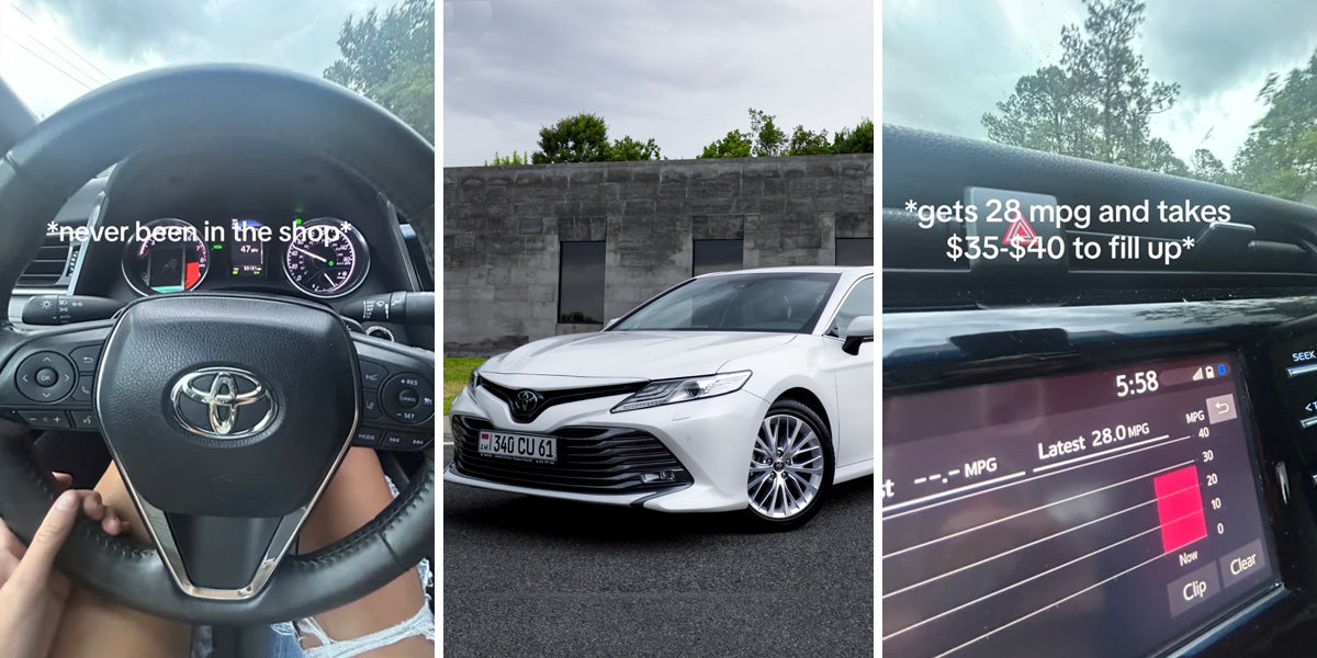 car interior with caption '*never been in the shop*' (l) Toyota Camry (c) car interior with caption '*gets 28 mpg and takes $35-$40 to fill up*' (r)