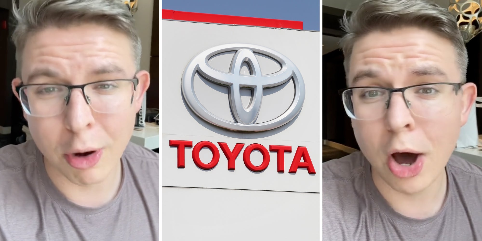 Man talking(l+r), Toyota sign(c)