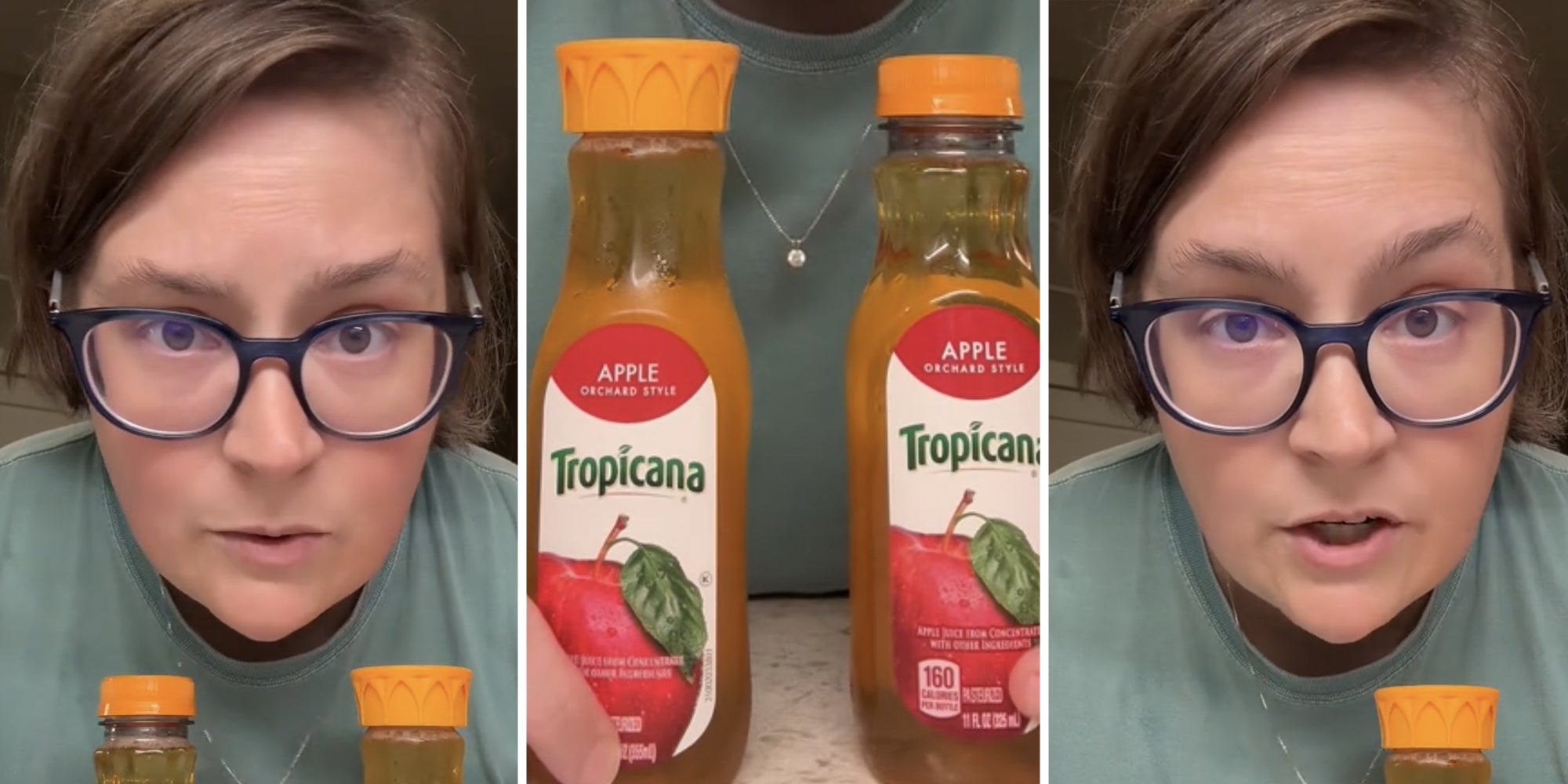 Woman talking(l+r), Two Tropicana apple juice(c)