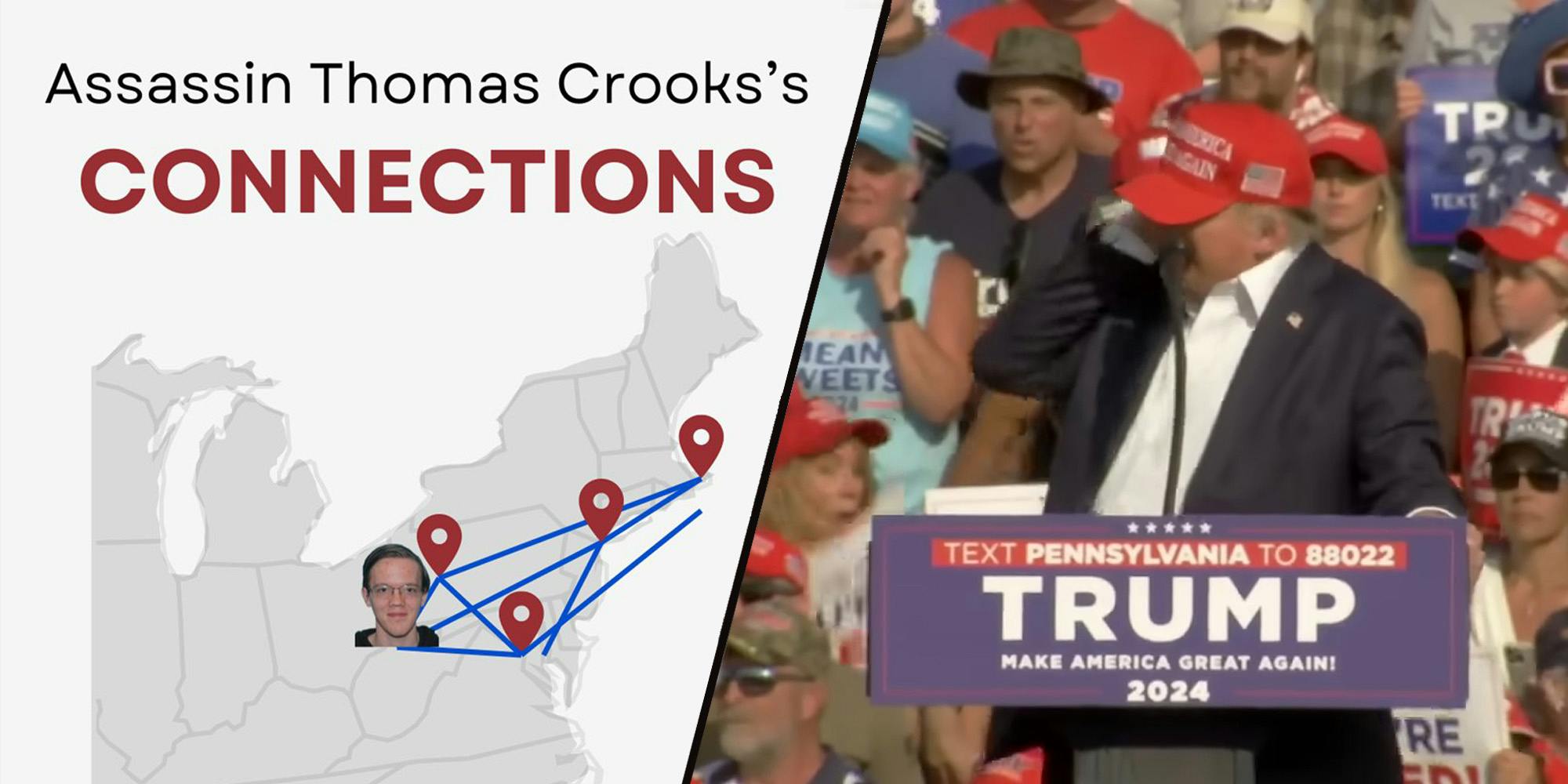 Assassin Thomas Crook's CONNECTIONS map (l) Trump shot in ear (r)