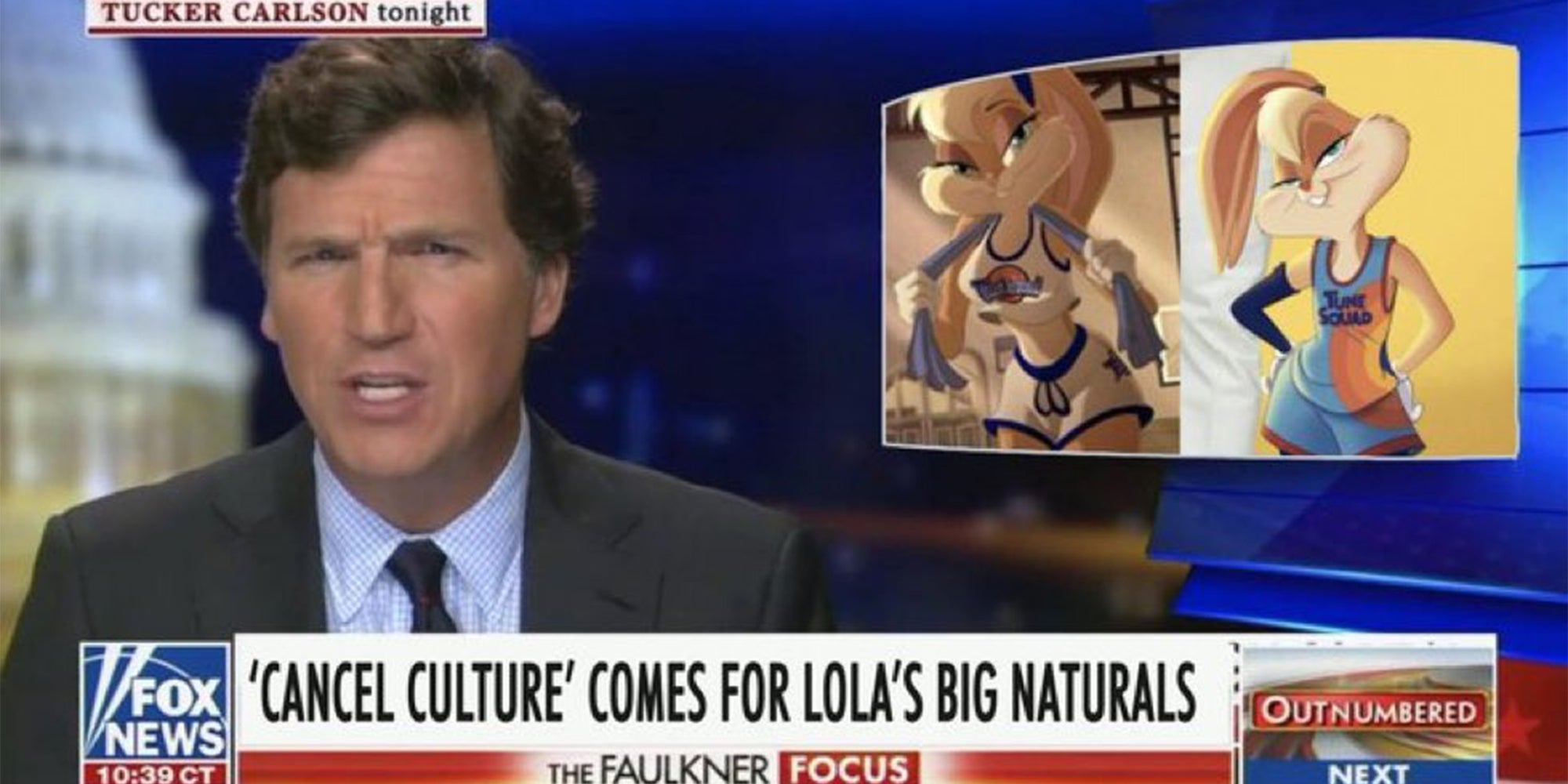 tucker carlson with inset of cartoon rabbit, caption ''cancel culture' comes for lola's big naturals'