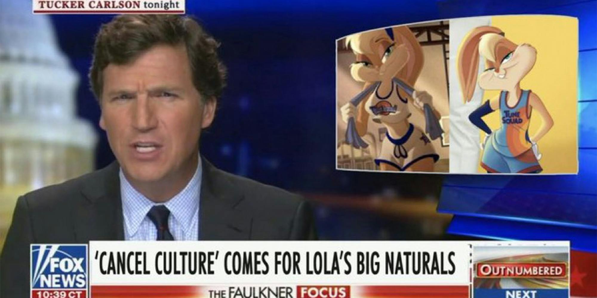 tucker carlson with inset of cartoon rabbit, caption "'cancel culture' comes for lola's big naturals"