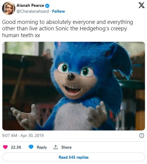 ugly sonic tweet that reads 'Good morning to absolutely everyone and everything other than live action Sonic the Hedgehog’s creepy human teeth xx'